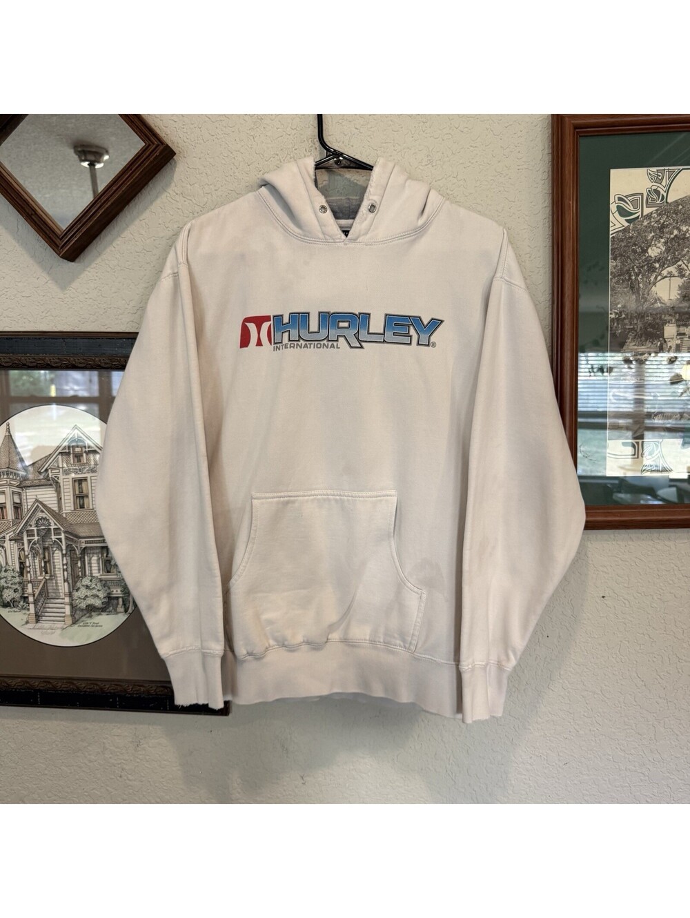 Vintage 00s Hurley Mens White Graphic Logo Pullover Hoodie Size Large Surf Skate